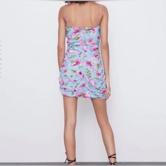 Zara Blue and Pink Floral Ruched Tube Mini Dress - Picture 3 of 13